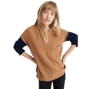 MADEWELL Thompson Pocket Pullover Boxy Knit Crew Neck Sweater Brown Navy Small